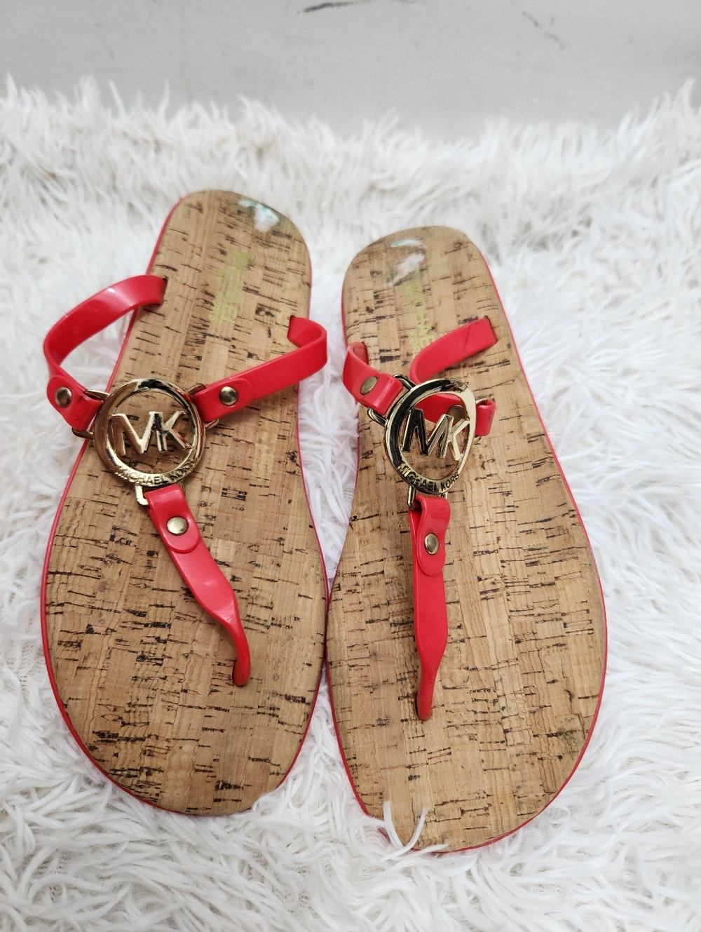 ​Michael Kors Red Jelly Logo Thong Sandals Cork Flip Flops